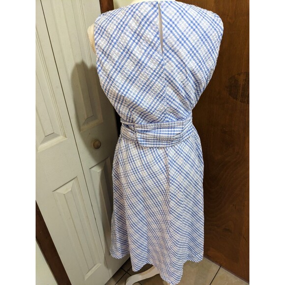 Anne Klein Blue Front Tie Bow Gingham Modest Sleeveless Pockets Dress Size 10 - Picture 4 of 11